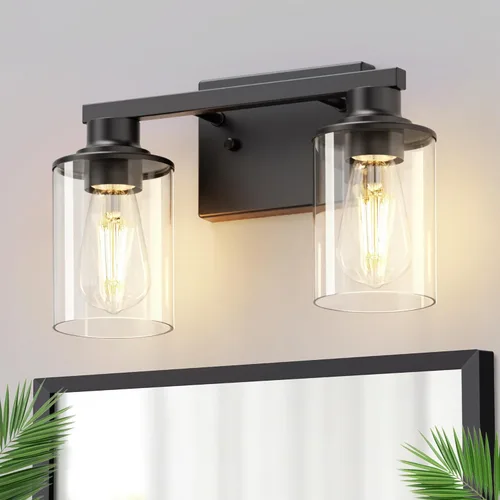 Miniatura 12 de DORESshop Lámparas de baño, 3 luces negras y doradas para baño sobre espejo con pantalla de vidrio transparente, luces de tocador para baño, Negro