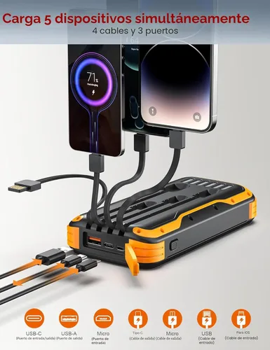 Miniatura 2 de MINRISE Banco de energía solar de 40000 mAh, cargador portátil PD de 20 W, cargador solar de carga rápida, cargador solar integrado con 4 cables