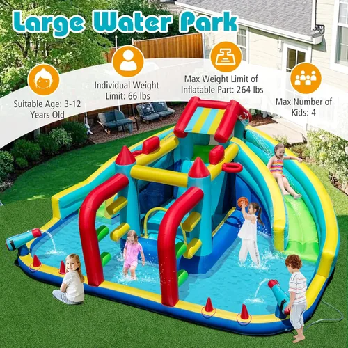 Miniatura 8 de HONEY JOY Tobogán acuático inflable con soplador de 680 W, tobogán largo doble gigante/casa de rebote/pared de escalada/carrera de obstáculos, cañón