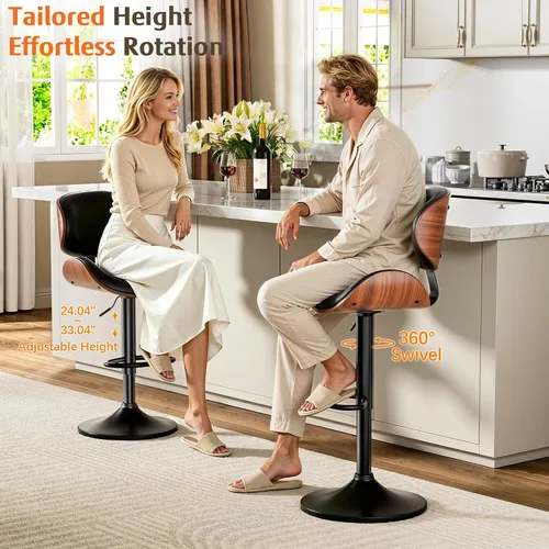 Miniatura 6 de Taburetes de bar, taburetes de bar giratorios ajustables para isla de cocina, sillas de barra de cuero moderno de mediados de siglo de altura