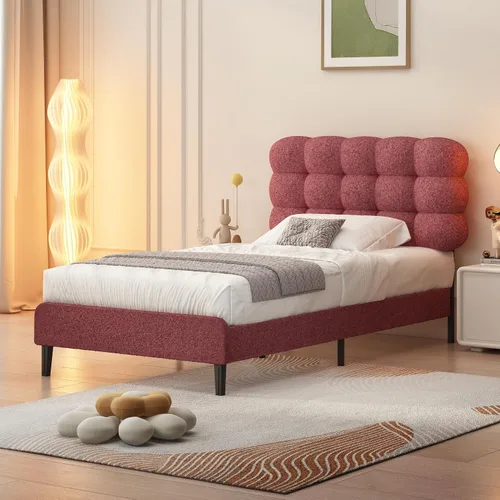 Miniatura 16 de Base de cama individual BarnFurin, cama plataforma con cabecero tapizado, base de cama de tela de bouclé suave con soporte de listones de madera
