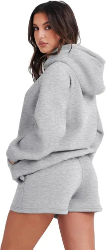 Miniatura 5 de ATHMILE Conjunto de 2 piezas de gran tamaño con capucha y pantalones cortos para mujer, conjunto de otoño 2023 de manga larga y sudadera acogedora