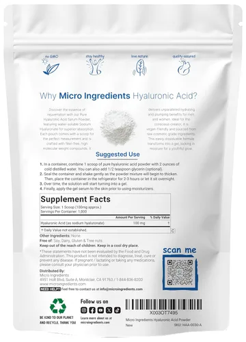 Miniatura 2 de Ácido hialurónico puro en polvo (alto peso molecular), de Micro Ingredients. Reduce las arrugas de la piel, 1