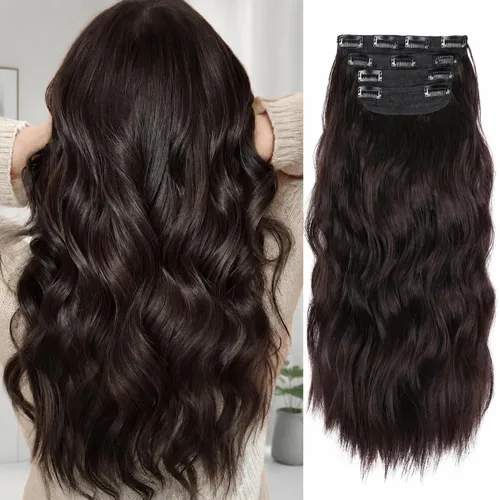 Miniatura 25 de 4 extensiones de cabello sintético con clip, extensiones de cabello rizado de 20 pulgadas de largo con clip (color: marrón medio)