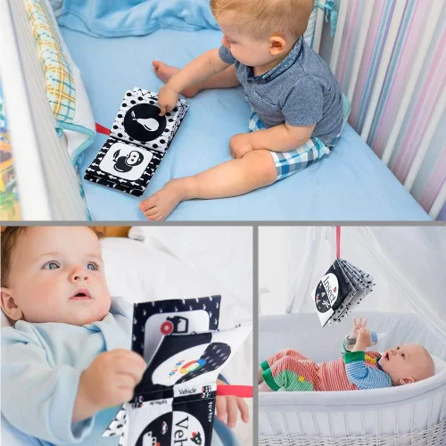 Miniatura 6 de teytoy My First Soft Book, 6 piezas de tela no tóxica para actividades arrugadas en blanco y negro para bebés, niños y niñas, juguetes educativos