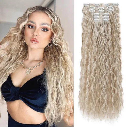 Miniatura 9 de LONAI - Extensiones de cabello con clip, 6 piezas, rizadas, de 24" de largo, sintéticas, para mujer, color rubio ceniza natural