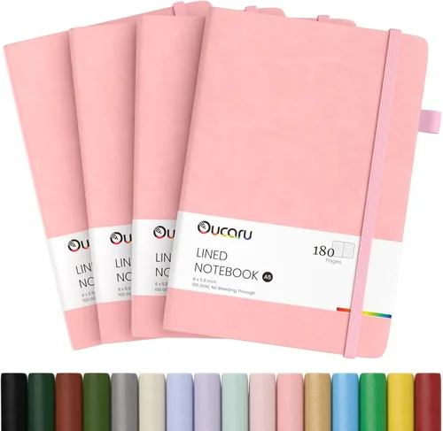 Miniatura 28 de Oucaru Cuaderno rayado, paquete de 4, 180 páginas, diarios A5 para escribir, papel grueso de 100 GSM, cuadernos pequeños diarios para mujeres y 4
