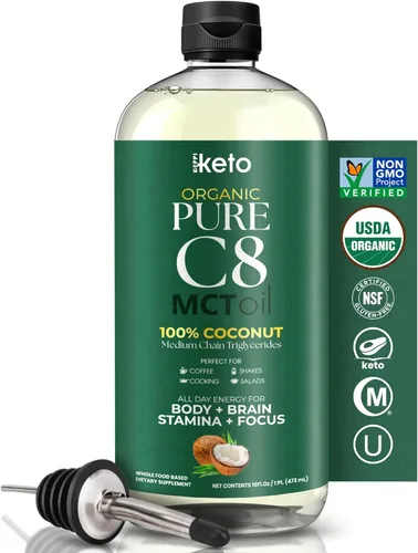 Keppi Aceite orgánico MCT - C8 sin sabor, sin OMG, certificado orgánico, sin gluten, sin aceite de palma, vegano, kosher, halal, aceite de coco de