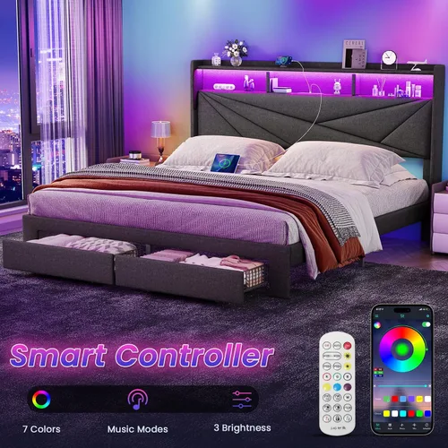 Miniatura 3 de Driftalia Base de cama de tamaño completo con cabecera de almacenamiento de 2 niveles, base de cama de tamaño completo tapizada con 2 cajones