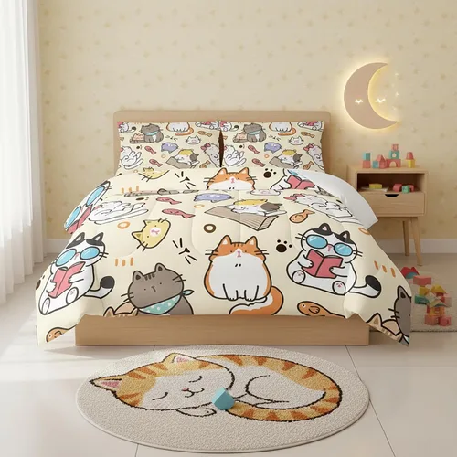 Miniatura 11 de QOOMO - Juego de edredón de tamaño individual con gatos, juego de edredón azul con nubes para niños, adolescentes, niñas y niños, juego de cama de 3