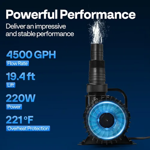 Miniatura 3 de VIVOHOME - Bomba de agua sumergible de 220W 4500GPH con boquilla ajustable sin costuras de 180° y bolsa de barrera para estanque de koi, cascada