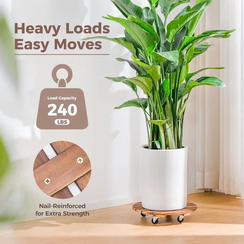 Miniatura 2 de Bamworld Soporte para Plantas al Aire Libre con Bandeja Rodante Organizador para Plantas con Ruedas 12 Pulgadas Carro de Plantas con Ruedas Carro