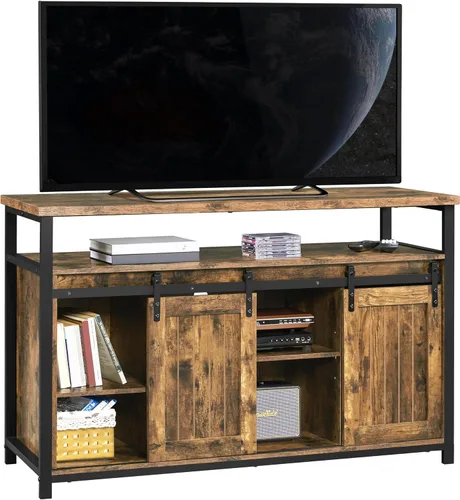 Topeakmart Soporte de TV de granja para TV de 55 pulgadas, centro de entretenimiento alto con puertas corredizas de granero y armarios de