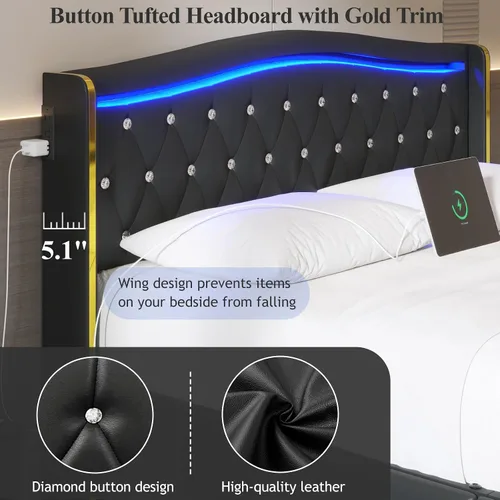 Miniatura 4 de E-Motie Base de cama tamaño completo con cabecera tipo wingback, plataforma tapizada con luces LED RGB, estación de carga, 4 cajones