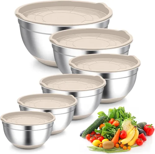 Miniatura 10 de TeamFar Tazones para mezclar, cuencos negros con tapas, tazón de ensalada anidable de acero inoxidable con tapa hermética y parte inferior