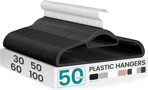 Miniatura 9 de SONGMICS Paquete de 100 perchas para abrigos, perchas de plástico que ahorran espacio, antideslizantes, 0.5 cm de grosor, 42 cm de ancho, gancho