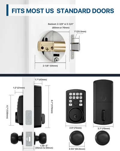 Miniatura 6 de HIDALIFE Cerradura de puerta de huellas dactilares con juego de 2 pomos de puerta, cerrojo de puerta de entrada sin llave con teclado, cerrojo