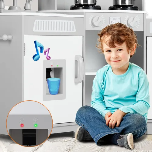 Miniatura 5 de JOYLDIAS Cocina de juego para niños, juego de juguetes de cocina de esquina de madera para niños pequeños, luces y sonidos realistas, horno Blanco