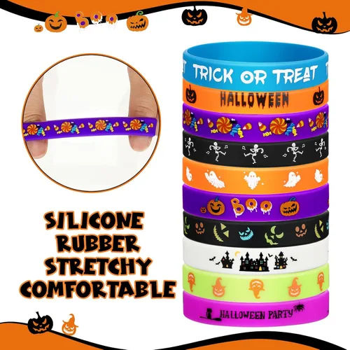Miniatura 4 de Hiboom 100 Pcs Halloween Rubber Bracelets Bulk Halloween Party Favor Trick or Treat Goodie Bag Stuffer Filler Rubber Silicone Wristband Gift for