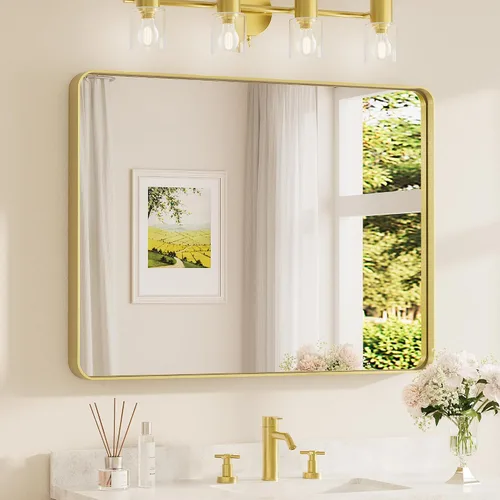 Miniatura 54 de TETOTE Espejo de marco dorado cepillado de 16 x 24 pulgadas, espejo de tocador de baño de latón dorado para pared, espejo enmarcado rectangular
