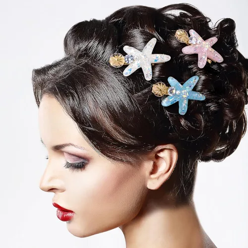 Miniatura 5 de PAGOW 3 pinzas para el cabello con estrella de mar, pinzas para el cabello de cristal, soporte para cola de caballo de estrella de mar, accesorios