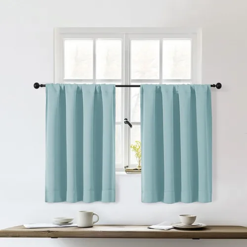 OWENIE Sally Aqua Kitchen Curtains 36 Inch Length 2 Panels Set, Half Window Rod Pocket Privacy Room Darkening Blackout Curtain Tiers for Kitchen