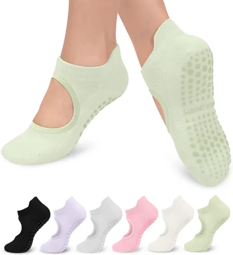 6 pares de calcetines de agarre de pilates para mujer, calcetines atléticos antideslizantes para yoga, barre, ballet, descalzo, entrenamiento,