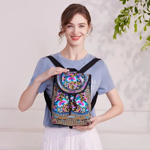 Miniatura 8 de MAZEXY Mochila bordada para mujer, bolso de hombro bohemio, bolso cruzado de flores étnicas vintage, Zafiro rojo, Causal