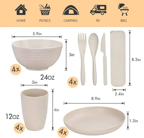 Miniatura 2 de Juego de vajilla de paja de trigo para 4, platos y tazones de paja de trigo, platos de cocina, 28 piezas, artículos esenciales para dormitorio