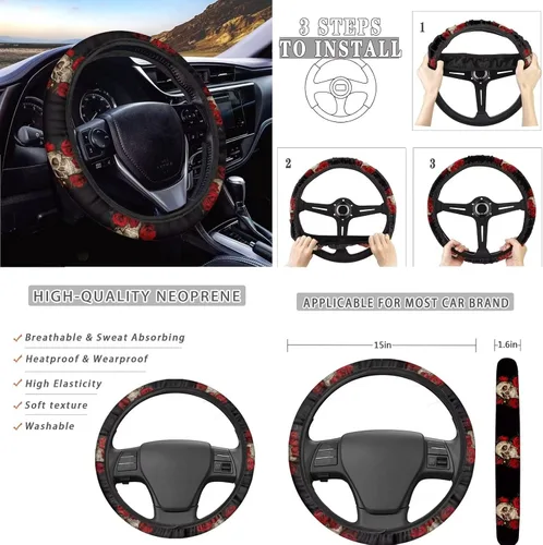 Miniatura 4 de Juego de 13 piezas de accesorios de automóvil de calavera con rosa roja, incluye fundas de asiento delantero y trasero, parabrisas de automóvil