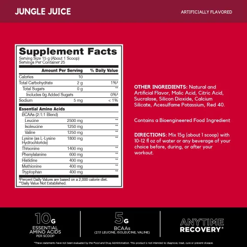 Miniatura 2 de BSN Amino X EAAs, Recuperación Muscular y Resistencia, 10g de Aminoácidos Esenciales, 5g de BCAAs, Sin Azúcar, Libre de Cafeína, Jugo de Selva, 0.37