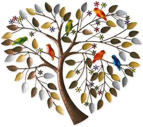 Escultura de pared de árbol de metal, decoración de pared de árbol de metal, silueta de pájaro en forma de corazón, para colgar en la pared,