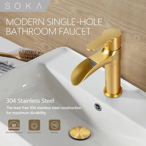 Miniatura 2 de SOKA Grifo dorado para lavabo de baño con cascada, grifo de lavabo de un solo orificio con drenaje emergente, grifo moderno para fregadero de tocador