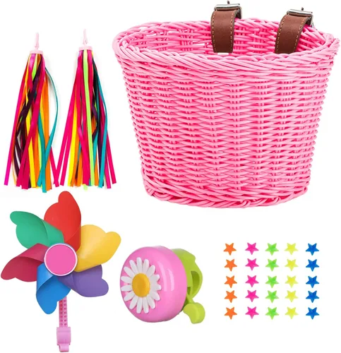 Miniatura 9 de Cesta de bicicleta para niñas, cesta de bicicleta ajustable para manillar delantero con serpentinas de bicicleta, juego de campana/molino de viento