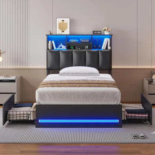 Miniatura 9 de AOGLLATI Base de cama individual con 4 cajones de almacenamiento, estación de carga y luces LED, marcos de cama individual con elegante cabecero