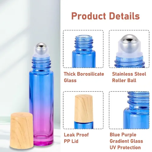 Miniatura 4 de 8 botellas de vidrio de 0.3 fl oz (1/3 oz), color azul y morado, botellas enrollables, envase para aceites esenciales, perfumes, bálsamos labiales