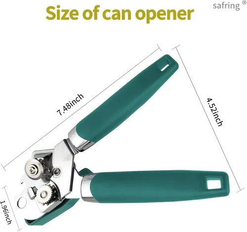 Miniatura 2 de Safring Abrelatas manual, de mano de acero inoxidable resistente y resistente, mango cómodo, borde liso de hoja afilada, abrelatas con abrebotellas