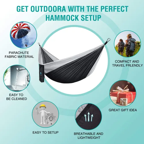 Miniatura 5 de Hamaca para campamento, hamacas portátiles individuales/dobles para senderismo al aire libre, viajes, mochilero, hamaca de nailon 210D para patio