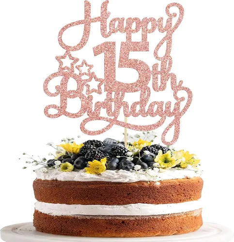 Miniatura 61 de 1 paquete de decoración de pastel de feliz 15 cumpleaños, topper de pastel dorado con purpurina Mis Quince 15, saludos a 15 años, adorno de pastel
