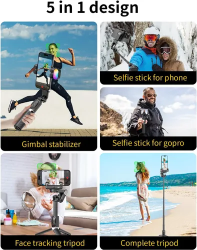 Miniatura 6 de AOCHUAN Estabilizador de cardán para Smartphone, 4 en 1 con rotación de 360° para iPhone/Android, palo para selfies y trípode con seguimiento facial