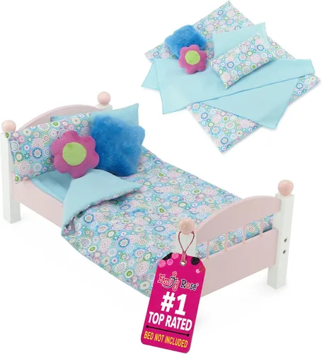 Miniatura 10 de Emily Rose Juego de ropa de cama reversible floral de 18 pulgadas, ropa de cama de muñecas de 5 piezas con edredón con volantes, sábana y almohadas