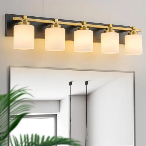 Miniatura 30 de 1 Luminaria Moderna de Baño sobre Espejo, Luces de Tocador Negro Dorado para Apliques de Pared de Baño con Pantallas de Vidrio Blanco Lechoso