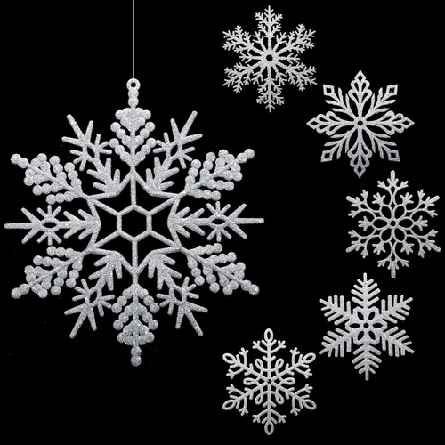 Miniatura 16 de Sratte Paquete de 24 adornos de copos de nieve grandes con purpurina de 12 pulgadas, decoración gigante de plástico para colgar en invierno, Plata