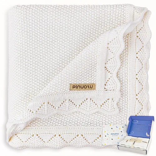 Miniatura 11 de Manta de punto para bebés para niños y niñas, 100% algodón, manta para cuna y cochecito para recién nacidos, bebés, niños pequeños, crema, 40 x 31
