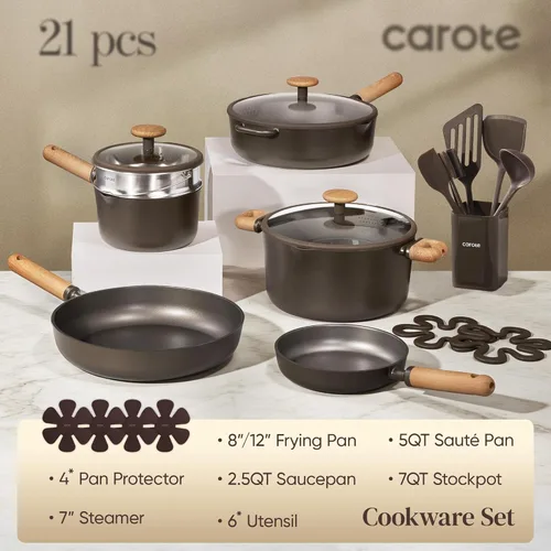 Miniatura 2 de CAROTE Juego de ollas y sartenes antiadherentes, juego de utensilios de cocina de 21 piezas con tapa colador, juego de cocina de inducción con Verde