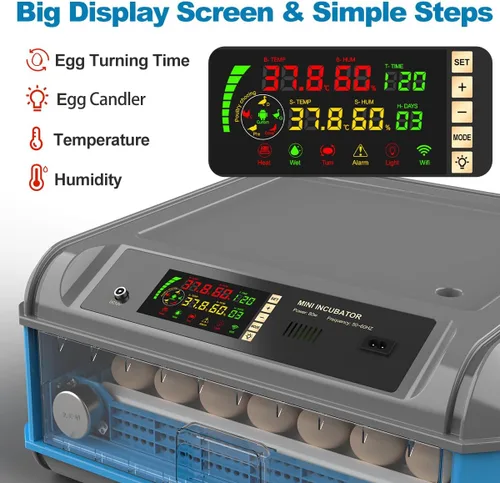 Miniatura 2 de Incubadora de huevos mejorada para incubar huevos, incubadora de huevos de pollo con giro automático de huevos, control de humedad, sistema
