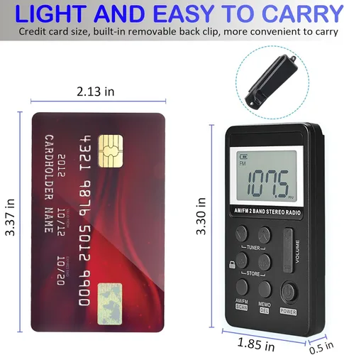 Miniatura 6 de Radio de bolsillo portátil AM/FM con pantalla LCD de sintonización digital, mini radio recargable SWDSTP con auriculares estéreo y clip de cinturón