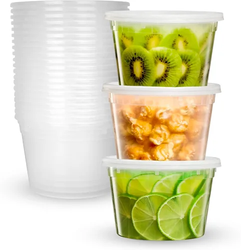 Recipientes de almacenamiento de plástico con tapas [24 juegos] de 16 onzas – Contenedores de alimentos reutilizables para el hogar y los negocios –