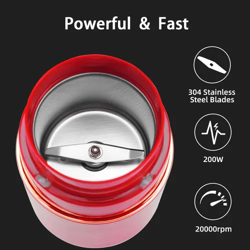 Miniatura 5 de Molinillo Eléctrico para Granos de Café, Especias, Hierbas, Granos y Frutos Secos, Cuchillas de Acero Inoxidable, 2.8 oz, Rojo
