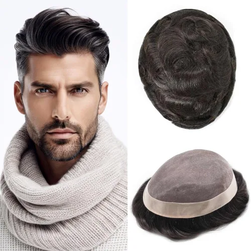 Miniatura 24 de Tupé para hombre, pieza de cabello humano real, monofilamento, tupé para hombres, postizos, unidades de sistema de reemplazo de cabello, gris